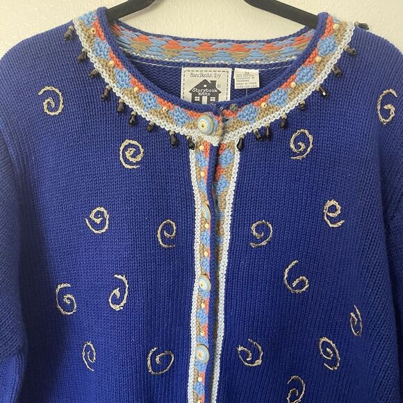Storybook Knits HSN Cardigan Blue Geometric Embroidered Beaded Sweater Sz 2X NEW - Picture 2 of 11